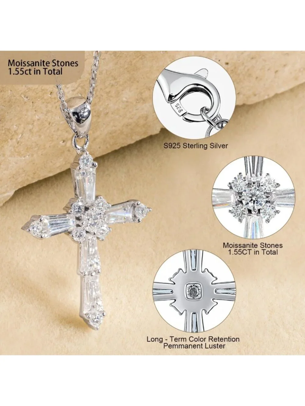 Stunning Moissanite Cross Necklace in Sterling Silver - Perfect Wedding